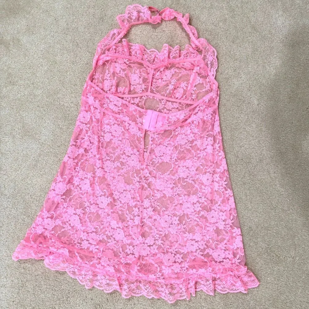 Victoria's Secret Women's Sheer Lace Pink Floral Sexy Babydoll Chemise Size L - Picture 2 of 6